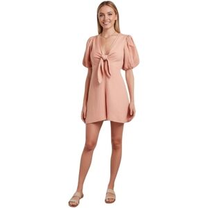 Express Playsuit Linen Pink Puff Short Sleeve Tie V Neck Shorts Romper Small